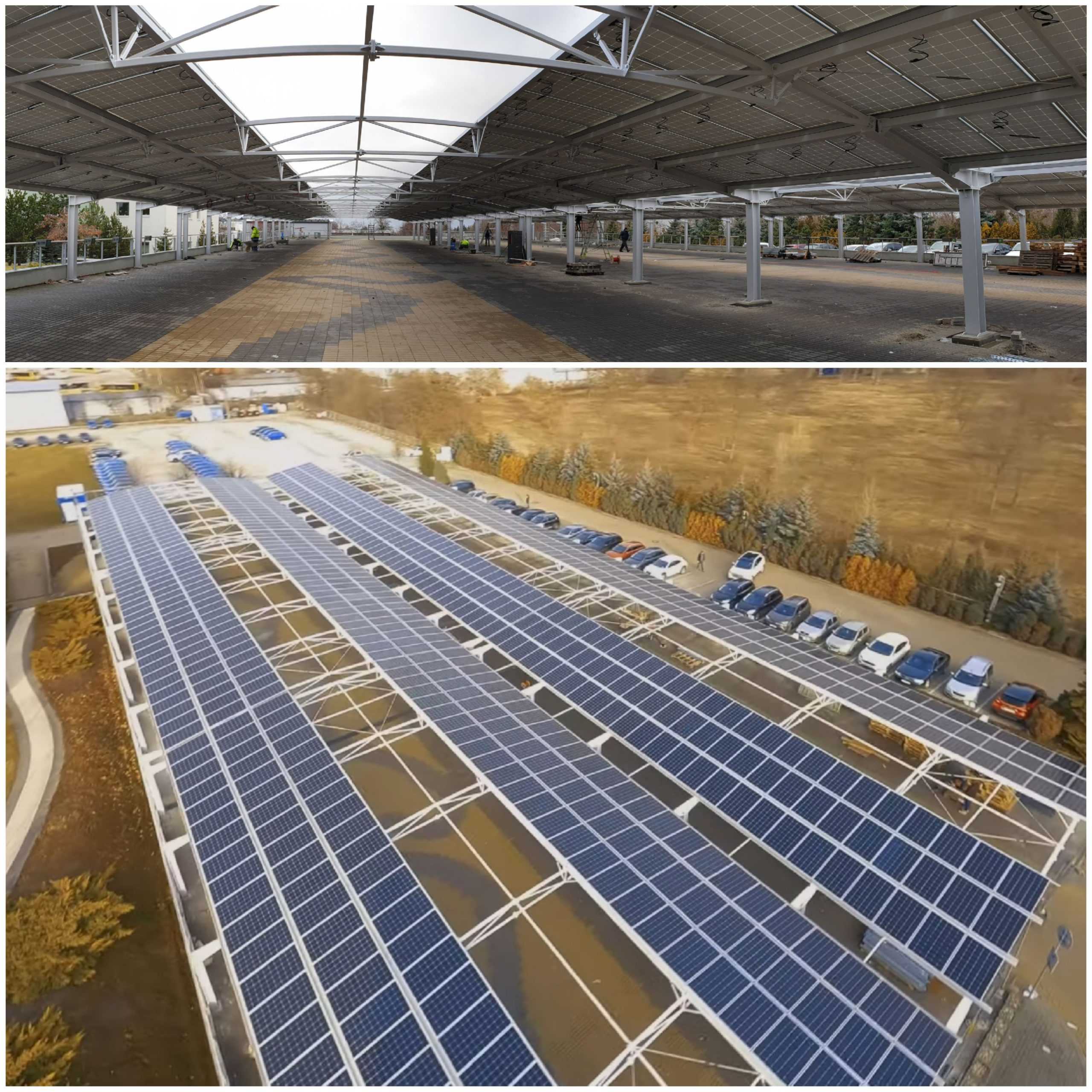 Realizacja zadaszenia parkingu z panelami słonecznymi w Wołowska Park
